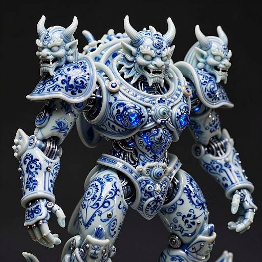 Digital CGI of a muscular, blue-and-white ornate armored robot with horned helmet, intricate floral patterns, and glowing blue accents, standing against a