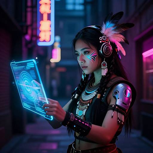 Cyberpunk street scene: Young Asian woman with feathered headpiece, glowing tribal tattoos, neon-lit cyber armors, holding holographic tablet