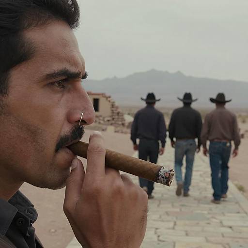 Intense Cigar Smoker in Desert Landscape