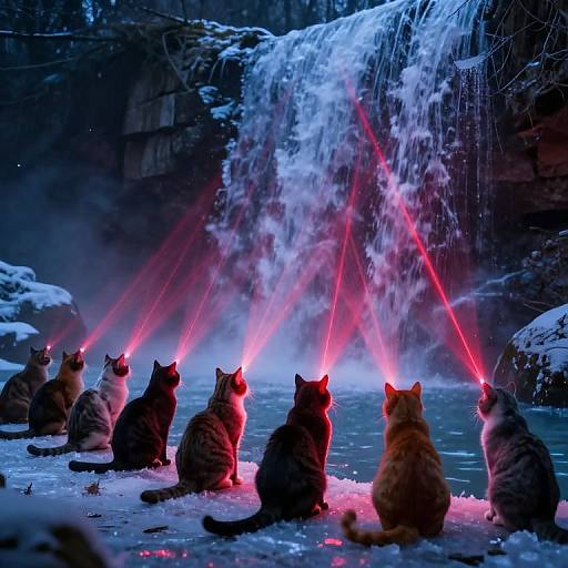 Photograph of seven cats sitting in snow, gazing at a waterfall illuminated by red laser beams, creating a mystical, neon-lit winter scene.
