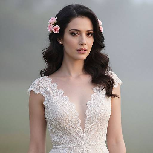 Photograph of a beautiful woman with long black hair, wearing a white lace, deep V-neck wedding dress, adorned with pink roses in her hair,