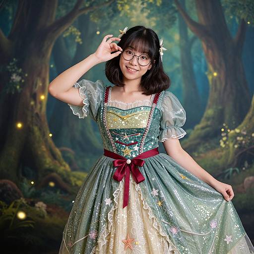 Asian woman with glasses, black bob hair, wearing sparkly, teal fairy dress with red ribbon, standing in enchanted forest backdrop. Photographic image.