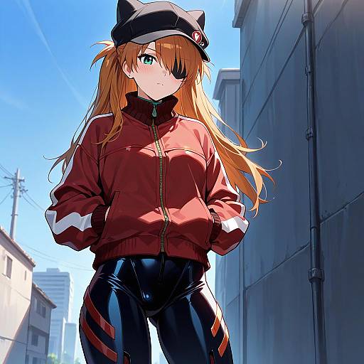 Anime Girl with Cat Hat and Eyepatch Outdoors