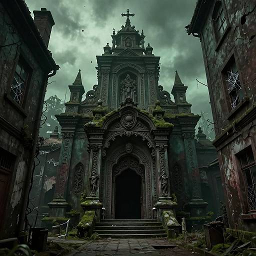 Photograph of a dark, overgrown, Gothic-style church facade with moss-covered stone, broken windows, and ominous, stormy sky above.
