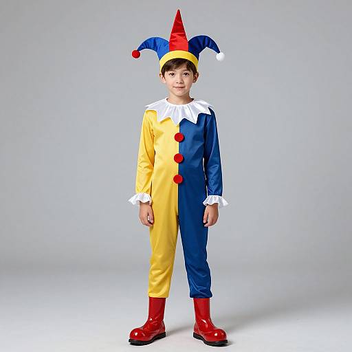 Photograph of a young boy in a colorful jester costume with yellow and blue panels, red buttons, and hat, standing against a plain gray background