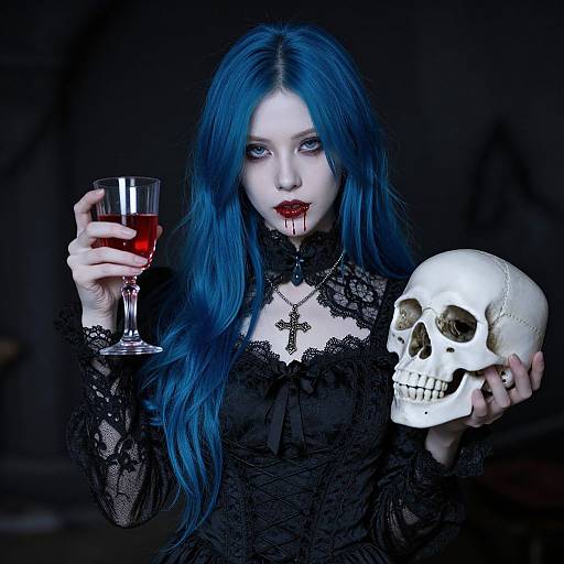 Gothic Woman with Blue Hair and Skull