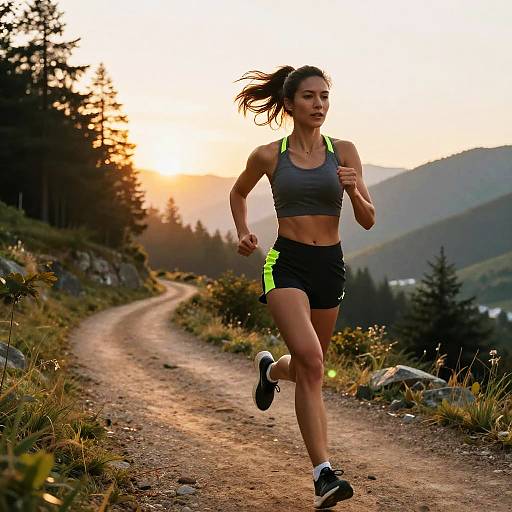Photograph of a fit, athletic woman with long brown hair running on a dirt trail at sunset, wearing a gray sports bra, black shorts with neon