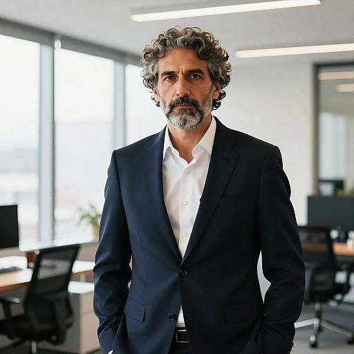 Photograph of a middle-aged man with curly gray hair and beard, wearing a black suit over a white shirt, standing in a bright, modern office