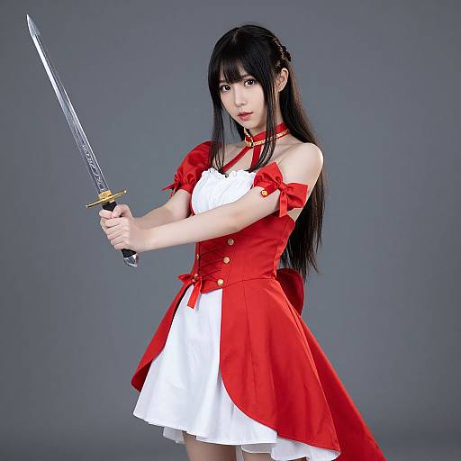 Asian woman with long black hair in red-white dress, holding a silver sword, gray background, realistic CGI, anime-inspired, serious expression.