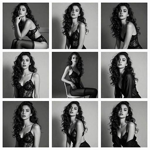 Black-and-white photo collage of a curly-haired woman in lace lingerie, posing seductively in various seated and kneeling positions.