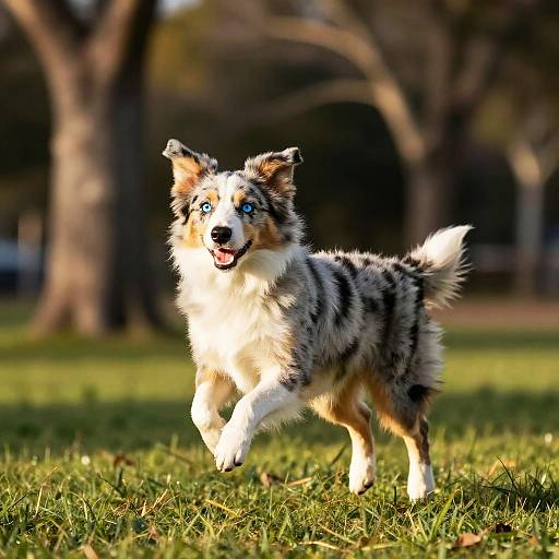Playful Blue Merle Puppy in Sunlight
