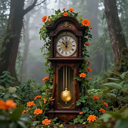 Vintage wooden clock, adorned with orange flowers, hangs in a misty forest, with a glowing orb below the clock face.