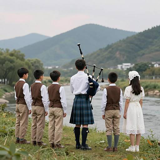 Children Playing on a Scenic Hill
