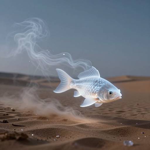 Glowing white fish with ethereal smoke trails floats above sandy desert, under clear blue sky, in CGI photograph style.