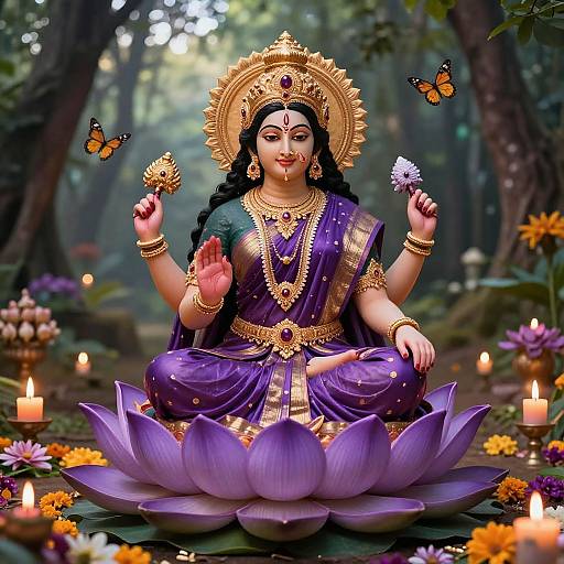 Digital painting of a serene Hindu goddess with dark skin, black hair, golden crown, purple sari, lotus throne, holding flowers, surrounded by