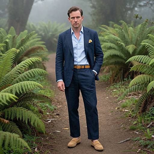 Photograph of a handsome man in a navy suit, white shirt, mustard shoes, and brown belt, standing on a foggy fern-lined path.