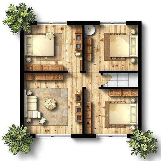 Aerial view of a two-bedroom apartment with wooden floors, beige furniture, circular rugs, and potted plants in each corner.