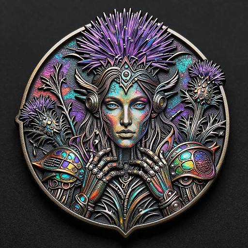 Digital artwork of a radiant, blue-eyed, metallic-faced woman with spiky purple headdress, surrounded by vibrant, glowing flora and mechanical elements in a