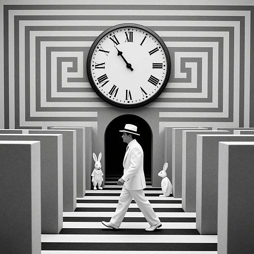 Black-and-white digital artwork: a man in white suit, hat, and shoes walks past a clock and three rabbits in a maze-like hallway.