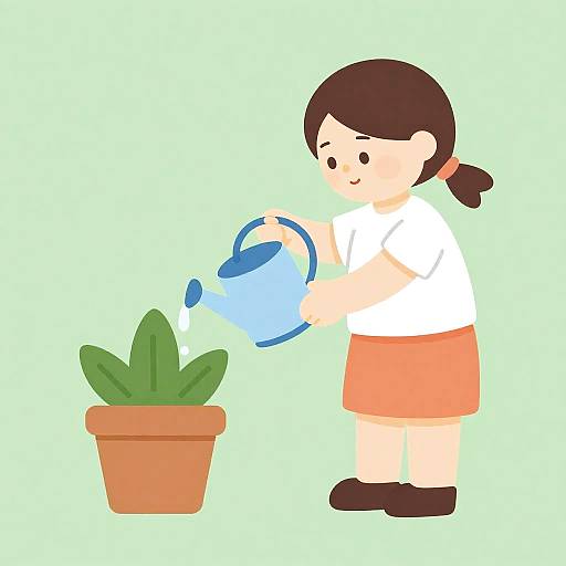 Girl Watering Potted Plant Illustration
