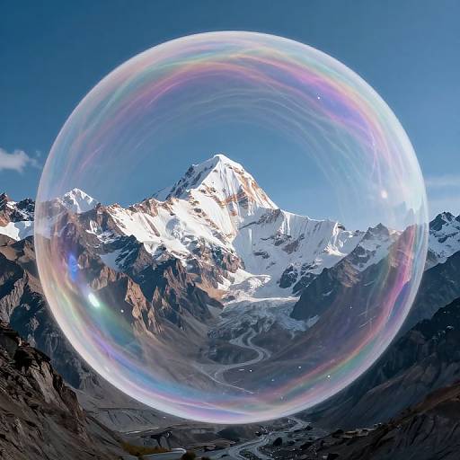 Photograph of a snowy mountain range under a clear blue sky, featuring a large, iridescent soap bubble with rainbow hues floating in the foreground.