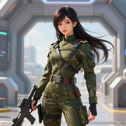 Digital illustration of an attractive Asian woman in a green, camo-patterned military uniform holding a rifle, standing confidently in a futuristic, metallic corridor.