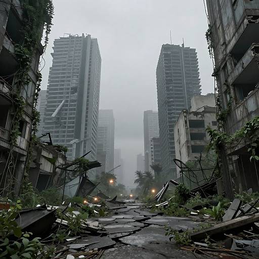 Photograph of a post-apocalyptic urban street, overgrown with vines, littered with debris, surrounded by mist-shrouded, partially collapsed skys
