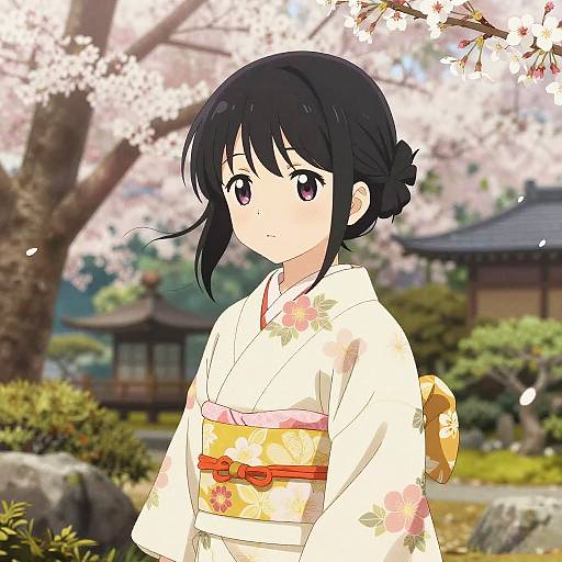 Anime Girl in Kimono Among Sakura Blossoms