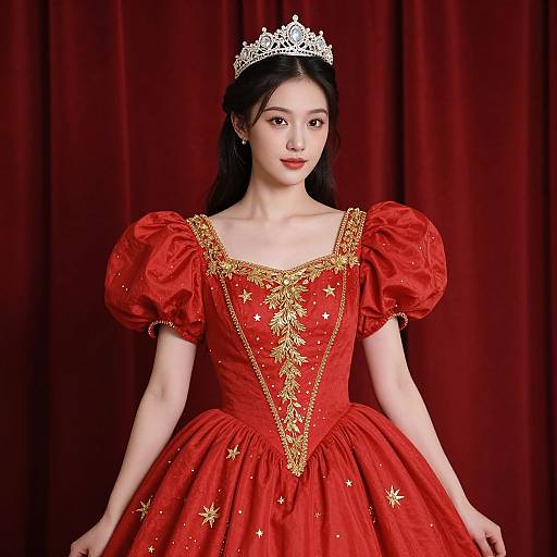 Photograph of an Asian woman with long black hair, wearing a red, gold-embroidered princess dress, white tiara, and red curtain