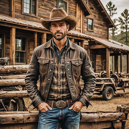Rugged Cowboy in Leather Jacket and Hat
