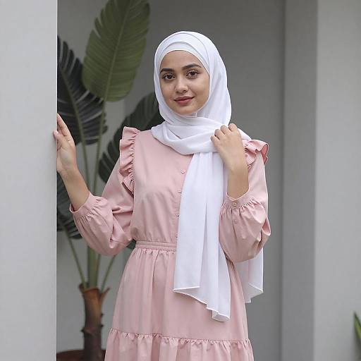 Young Woman in White Hijab and Pink Dress