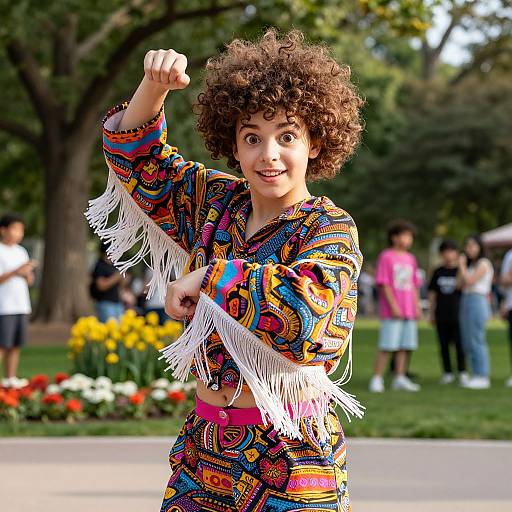 Photograph of a curly-haired child with vibrant, patterned fringed clothing, smiling and raising a fist in a park with blurred background and colorful flowers