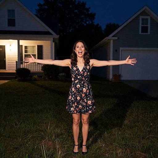 Joyful Woman in Floral Dress at Night