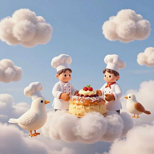 Digital illustration of two cartoon chefs in white hats and aprons, with two seagulls, serving a cake topped with cherries, floating on fluffy