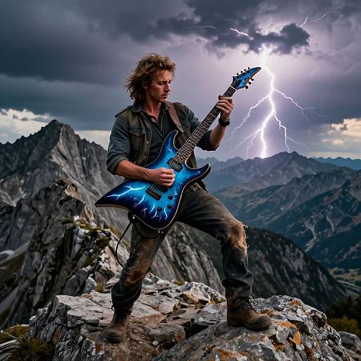 Rock musician with shaggy hair, blue electric guitar, and dark clothes stands on rocky mountain peak, playing under dramatic lightning.