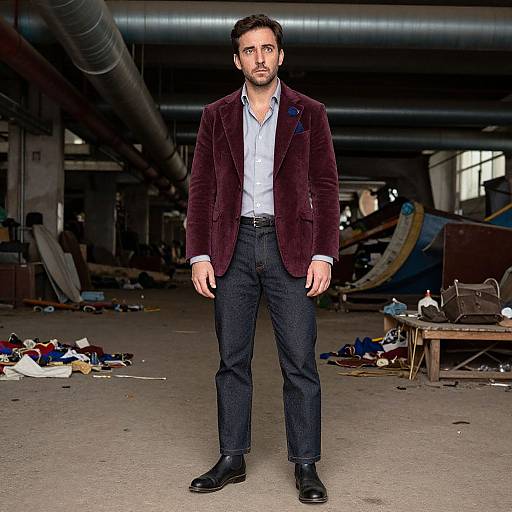 Photograph of a bearded man in a dark velvet blazer, white shirt, dark jeans, and black shoes, standing in a cluttered,