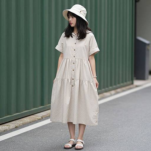 Photograph of an Asian woman with dark hair, wearing a white sunhat, short-sleeved white dress, and sandals, standing on a street
