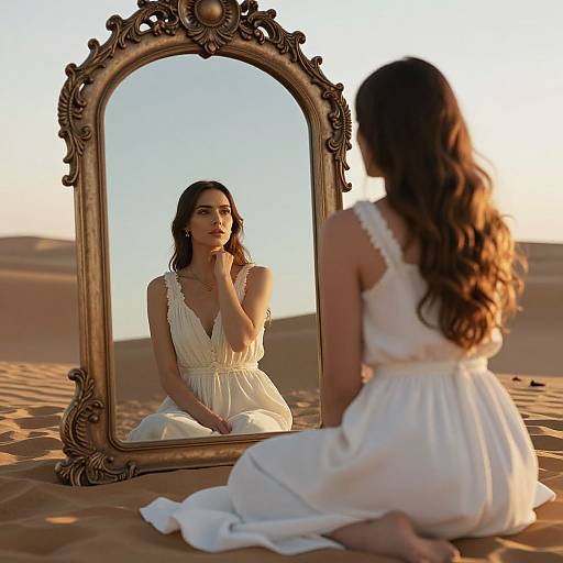 Photograph of a woman with long brown hair, wearing a white, sleeveless, V-neck dress, kneeling in a desert, reflecting in an orn