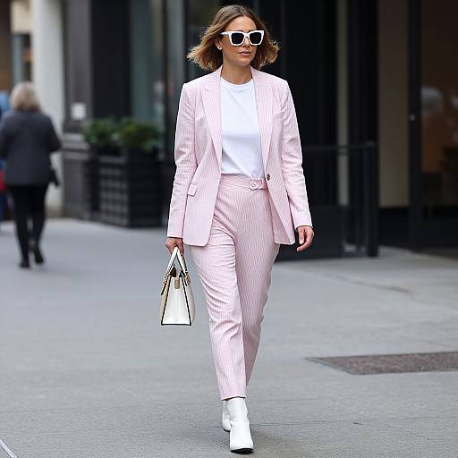 Chic Woman in Pink Striped Pantsuit