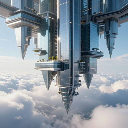 Photorealistic CGI of futuristic floating skyscrapers with sleek, metallic surfaces and large windows, suspended above a sea of fluffy clouds against a bright blue