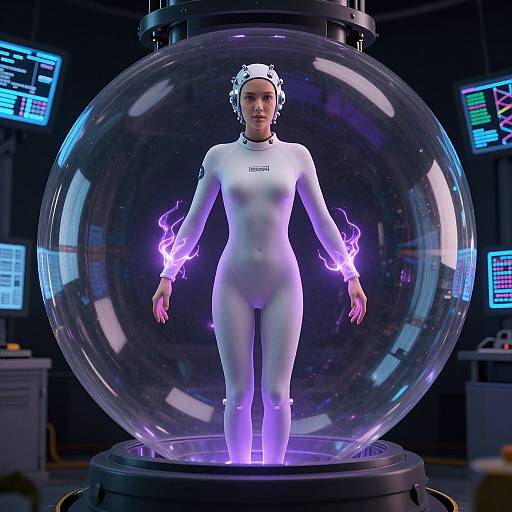 CGI image of a woman in a white, form-fitting suit, encased in a transparent, spherical container with purple lightning around her arms,
