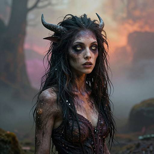 Digital art of a dark, wet-haired female demon with black horns, glowing eyes, and smudged face, in a misty, colorful forest