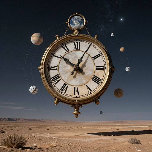 Photorealistic digital art: ornate gold clock with Roman numerals floating in space, surrounded by planets, set against a desert landscape.