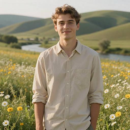 Young man with short brown hair, wearing a beige button-up shirt, standing in a sunny meadow with yellow and white flowers, hills and a river