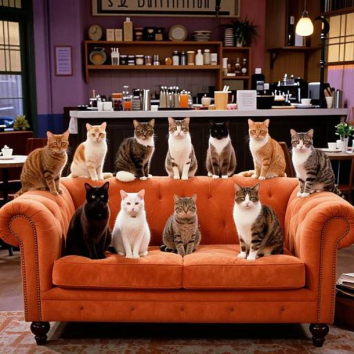 Photograph of twelve cats, including a black one, sitting on an orange velvet couch in a cozy café with wooden shelves and warm lighting in the background