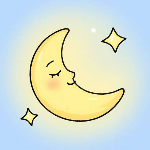 Digital drawing of a smiling, yellow crescent moon with closed eyes and blushing cheeks, surrounded by two sparkling stars on a light blue background.