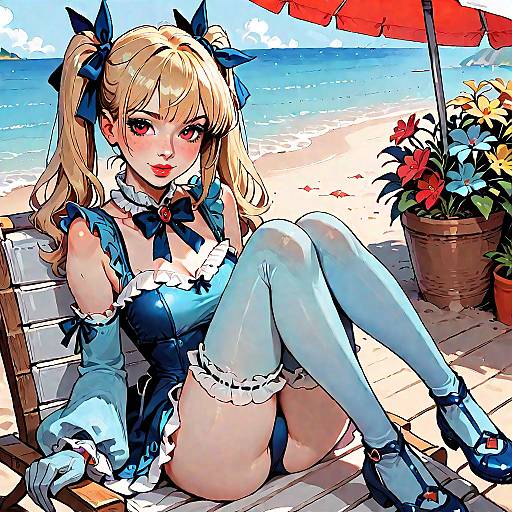 Blonde Twintails in Frilled Blue Swimsuit