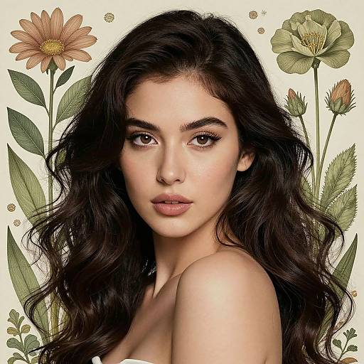 Digital portrait of a beautiful young woman with long, wavy black hair, fair skin, and full lips, surrounded by detailed botanical flowers on a white