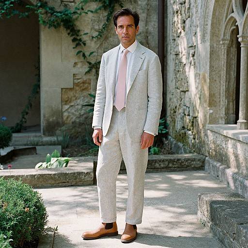 Photograph of a handsome, dark-haired man in a light beige suit, pale pink shirt, and brown shoes, standing in a sunlit stone courtyard
