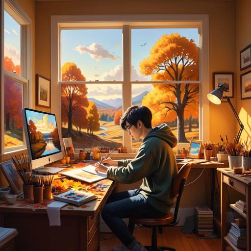 Cozy Artist's Desk in Autumn Light